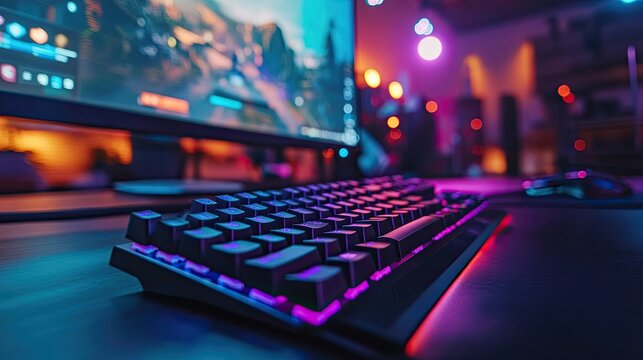 7. A dynamic shot of a gaming keyboard with bright RGB backlighting, each key glowing in different colors, with a fast-paced game displayed on a monitor in the background.