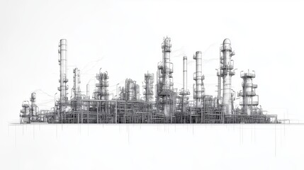 Obraz premium Line drawing depicting an industrial landscape featuring an oil refinery plant, representing the oil industry, with the sky depicted in a separate layer