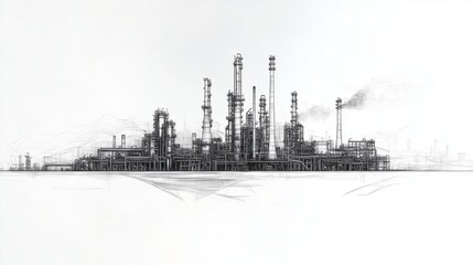 Fototapeta premium Line drawing depicting an industrial landscape featuring an oil refinery plant, representing the oil industry, with the sky depicted in a separate layer