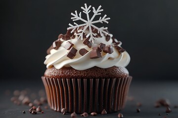  A chocolate cupcake with white frosting and an oversized, delicate snowflake topper on top of it. The gold foil wrapping around the base adds extra elegance