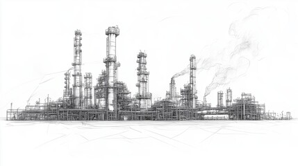 Obraz premium Line drawing depicting an industrial landscape featuring an oil refinery plant, representing the oil industry, with the sky depicted in a separate layer
