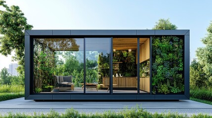 Eco-friendly house, with natural materials, plants growing on walls, sunny day