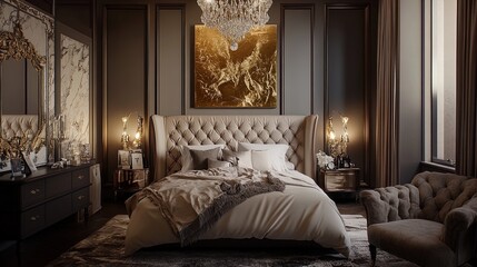 Transform Your Space: Luxurious Bedroom Decor featuring Plush Tufted Bed, Elegant Marble Walls, and Vintage Chandelier - Perfect for Chic Home Posters and Interior Inspiration