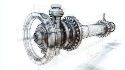 Vector rendering of an industrial valve in wire-frame style with separated layers of visible and invisible lines in orthography