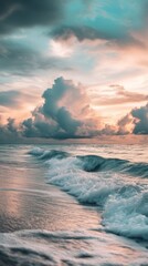 Naklejka premium ocean waves with dramatic clouds at sunset, serene coastal scene. tranquility and nature concept