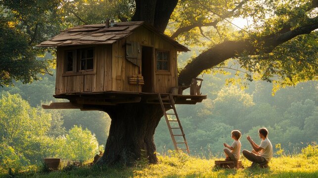 Father and son, building a treehouse, hammering nails, backyard, bright afternoon light
