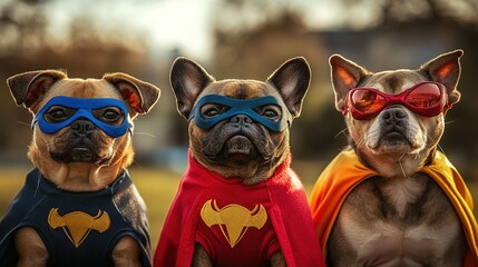 Fototapeta premium Pets in superhero costumes with capes and masks.
