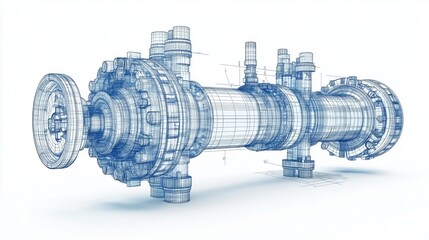 Vector rendering of an industrial valve in wire-frame style with separated layers of visible and invisible lines in orthography