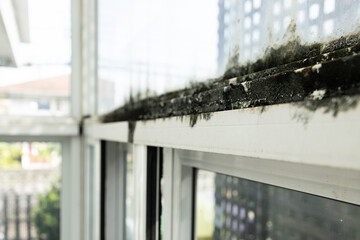 Old aluminum door with rusty,dry algae fungus accumulated on the aluminum frame,stain of dirty on sliding windows,damaged from water leaks on the ceiling,rust,corrosion,concept of repair, renovation