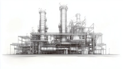 Obraz premium Sketch of industrial equipment rendered in wire-frame style with separated layers of visible and invisible lines