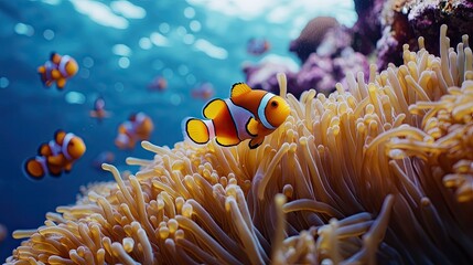 7. Close-up of a school of clownfish darting among the swaying tentacles of a sea anemone, the vivid colors of the fish contrasting against the soft movement of the anemone.