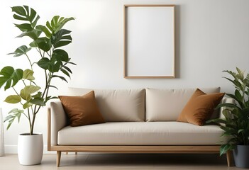 A modern living room with a beige sofa, a potted plant, and a wooden frame on the wall.