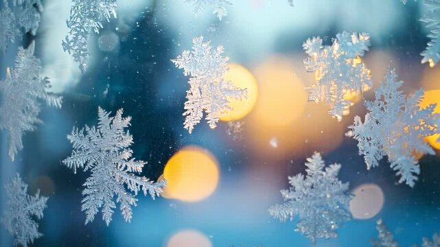 Frosted glass window with delicate snowflake silhouettes. Soft candlelight glow creates warm bokeh effect against icy blue background. Textured frost patterns add depth and intricacy.