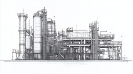 Sketch of industrial equipment rendered in wire-frame style with separated layers of visible and invisible lines