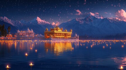 Obraz premium Golden temple, reflected in water, surrounded by floating diyas, nighttime