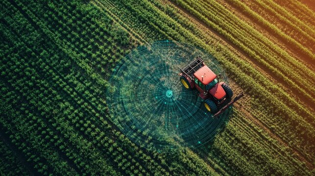 Smart Agriculture Tractor with GPS Data Overlay in Field - Powered by Adobe