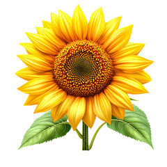Obraz premium A bright yellow sunflower with green leaves isolated on a white background