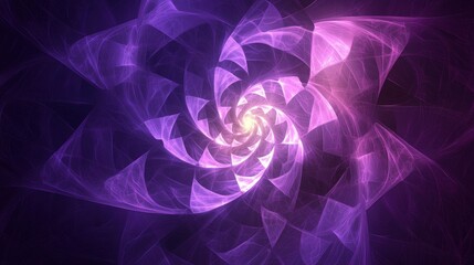 Hexagonal spiral, expanding outward, shades of purple, glowing light