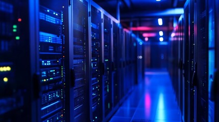 Server Racks in Data Center with Blue and Red Lighting