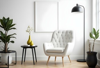 A modern living room with a white tufted armchair, a black side table with a pear-shaped vase, and a blank white frame on the wall.