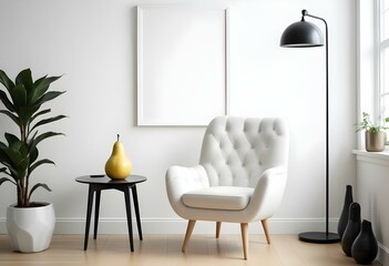 A modern living room with a white tufted armchair, a black side table with a pear-shaped vase, and a blank white frame on the wall.