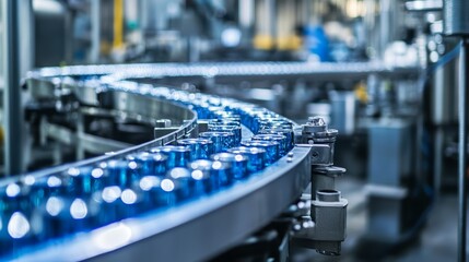 Industrial Conveyor Belt with Blue Bottles in Production Line