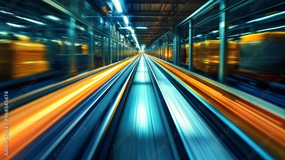 Poster abstract motion blur of a moving walkway in a modern building