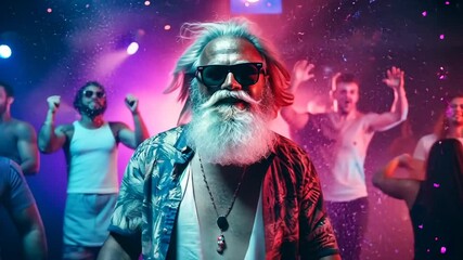 Cool Santa Claus in Sunglasses Dancing at a Nightclub Party with Young People and Colorful Lights
