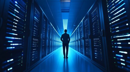 Man in Server Room  Data Center  IT Technology  Cyber Security  Network  Data Storage  Digital Technology  Cloud Computing