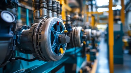 Industrial Machinery Close up with Blue Wheel and Yellow Details