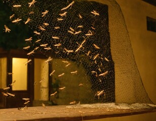 Many mosquitoes flying in to the house while insect net was opened. Ai generated image