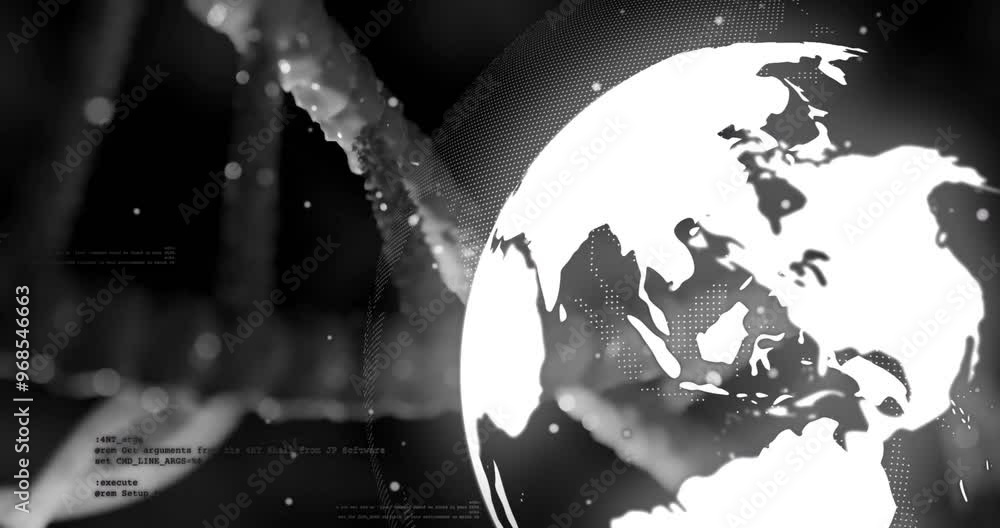 Poster animation of dna strand and globe over data processing on black background