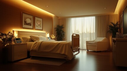 Fototapeta premium Maternity ward room, bed with monitoring equipment, baby bassinet beside, warm lighting