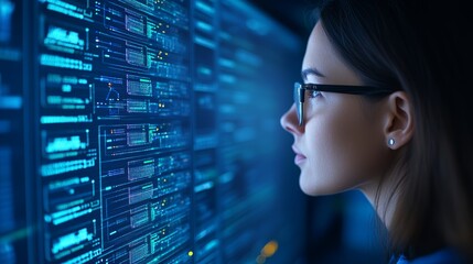 Woman in glasses looking at computer screen with data  server room