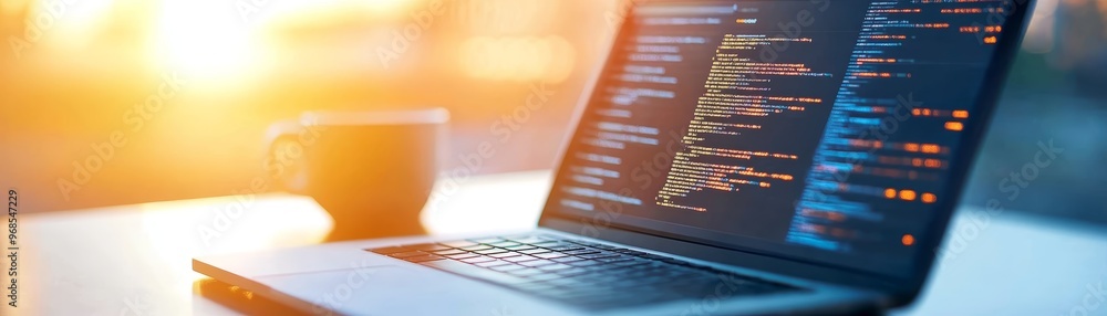 Poster laptop with code on screen and warm light background