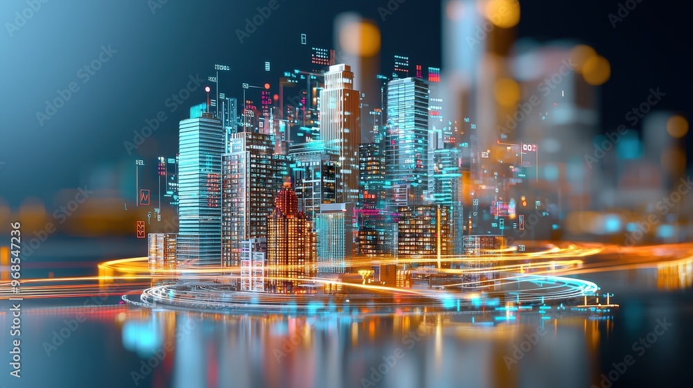 Poster a cityscape with digital data overlays representing information-driven urban development