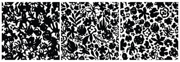 Abstract Black, White Floral Pattern with Ink Hand Drawn Flowers. Monochrome Freehand Ditsy Chamomile, Peony, Rose, Bloom Wallpaper. Pretty Brush Stroke Flower Seamless Pattern. Tropical Foliage Print