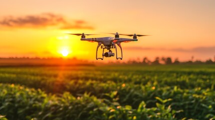 Drone flying over green field at sunset