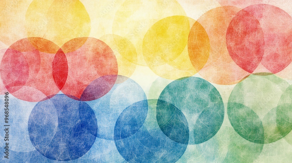 Poster overlapping circles, creating a venn diagram effect, primary colors, soft glow