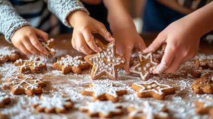 Parents and kids, baking cookies, close-up on hands, kitchen, soft indoor light