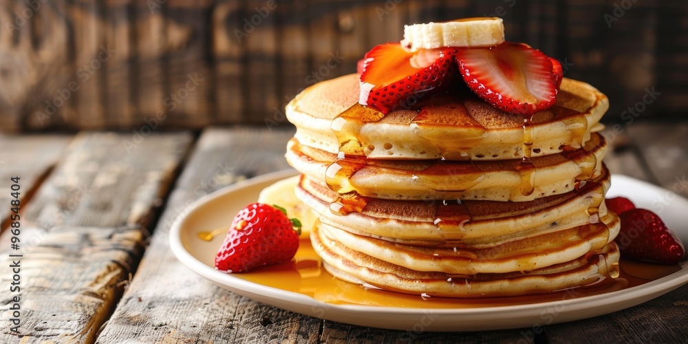 Poster stack of traditional american pancakes with bananas strawberries and syrup on table vertical composi