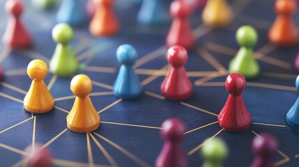 Colorful Game Pieces on Blue Board with Golden Lines