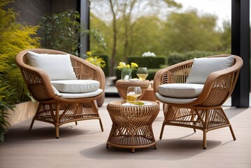 Obraz premium Wicker patio chairs and table in garden 