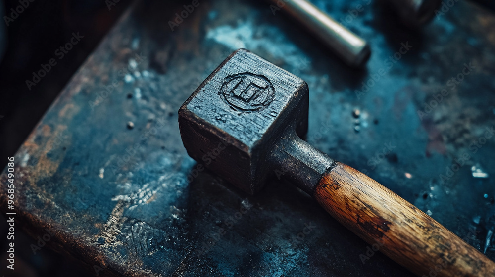 Aufkleber a close-up of a sturdy hammer resting on a worn workbench in a dimly lit workshop showcasing fine cr