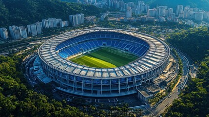 48. A stadium with a clean, minimalist design, surrounded by open green spaces and natural elements, creating a serene environment for sports and public activities