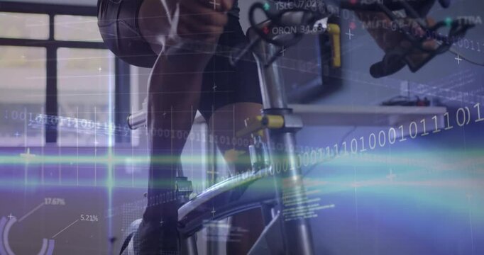 Animation of financial data processing over african american manon bike in gym
