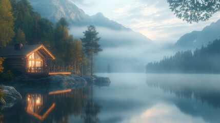 Fototapeta premium A mountain cabin terrace overlooking a calm lake. Mist hovers over the water as the early morning light softly illuminates the scene. Peaceful.
