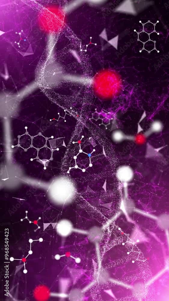 Poster chemistry abstract hexagon molecule bonds and dna chain colorful loop vertical animation.