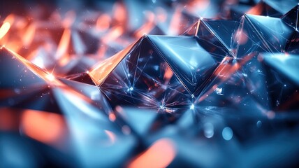 Abstract geometric shapes with glowing effects in a digital landscape.