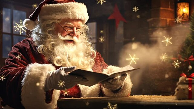 Santa Claus sits comfortably by the cozy fire, reading the Christmas wish list with a twinkle in his eye. The magical moment is captured as golden dust appears to float from the pages of the list.